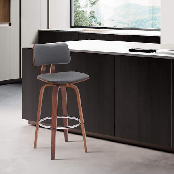 Armen Living Pico Swivel 26 in. Grey/Walnut and Chrome Wood Counter Stool with Grey Faux Leather Seat