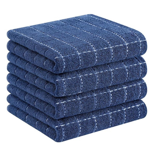 Navy Blue Checkered 100% Cotton Terry Kitchen Towels, 13 x 28 in., Soft Absorbent Dishcloths, Set of 4