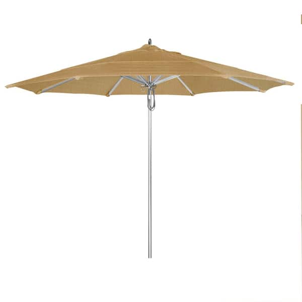 California Umbrella 11 ft. Silver Aluminum Commercial Market Patio Umbrella with Pulley Lift in Linen Sesame Sunbrella