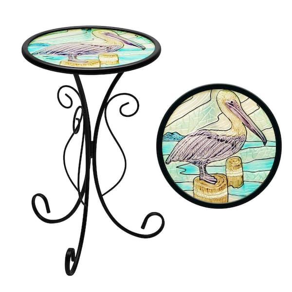 Everyday 12 in. Round Glass Pelican Pattern Outdoor Side Table