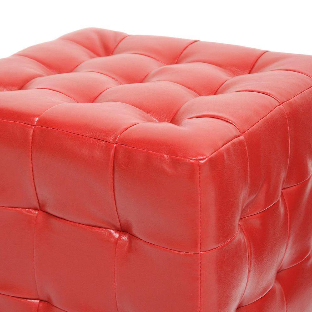 Chic Red Faux Leather Tufted Cube Ottoman Set of 2