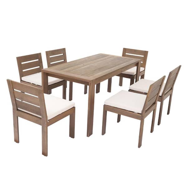 Misopily 7-Piece Acacia Wood Outdoor Dining Set Minimalist Modern Style Tabletop with Washed White Cushion Support and Softness