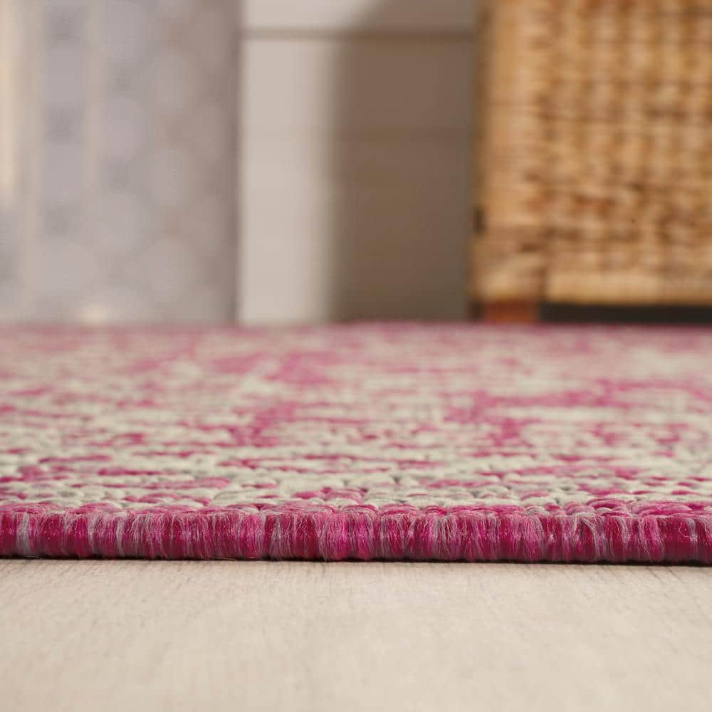 Fuchsia and Light Gray Medallion Square Outdoor Rug - 5' Synthetic