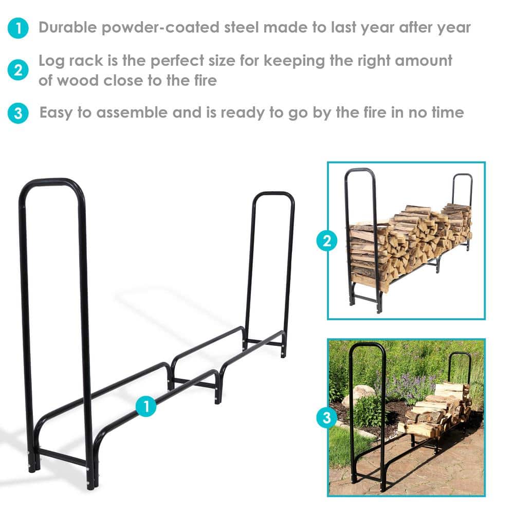 8-Foot Black Powder-Coated Steel Firewood Log Rack