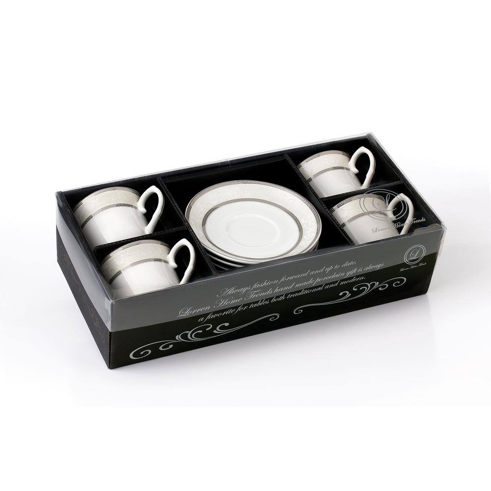 Elegant Silver Porcelain Tea-Coffee Cups and Saucers Set, 8 oz, Set of 4