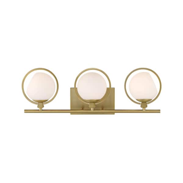 Designers Fountain - Teatro 23.75 in. 3-Light Brushed Gold Modern Vanity Light with Etched Opal Glass Shades and Accent Rings