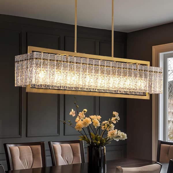 41 in. 6-Light Gold Crystal Rectangular Chandelier Linear Pendant Lighting for Dining Room Kitchen