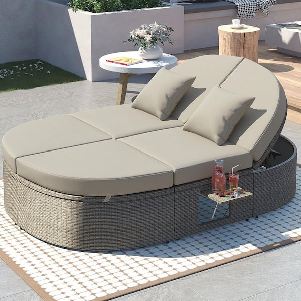 Gray Wicker Outdoor Day Bed with Gray Cushions