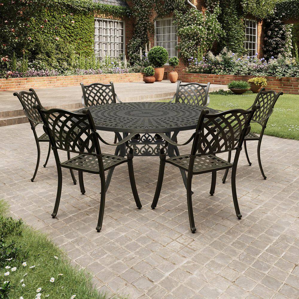 Clihome Bronze Cast Aluminum 7-Piece Outdoor Dining Set with 59 in