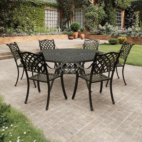 bronze cast aluminum patio table with umbrella hole Clihome Bronze Cast Aluminum 7-Piece Outdoor Dining Set with 59 in. Round  Table, 2 in. Umbrella Hole and Openwork Top CL-59XGBZ7-BR