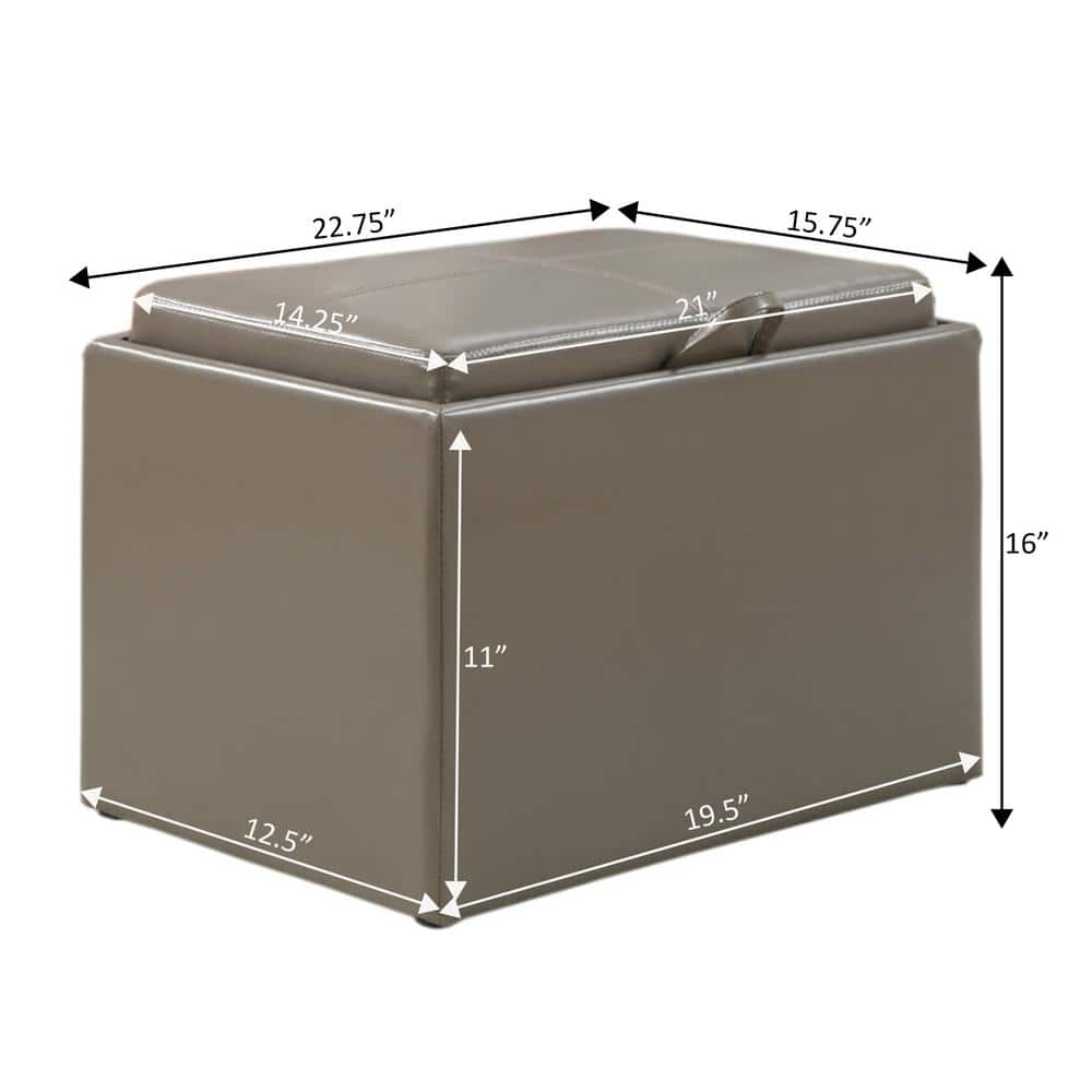 Taupe Gray Faux Leather Storage Ottoman with Reversible Tray