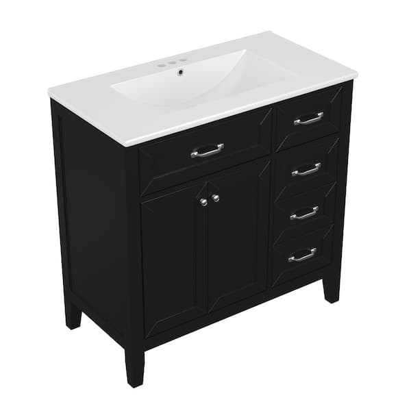 36 in. W x 18 in. D x 36 in. H Freestanding Bath Vanity in Black with White Ceramic Top