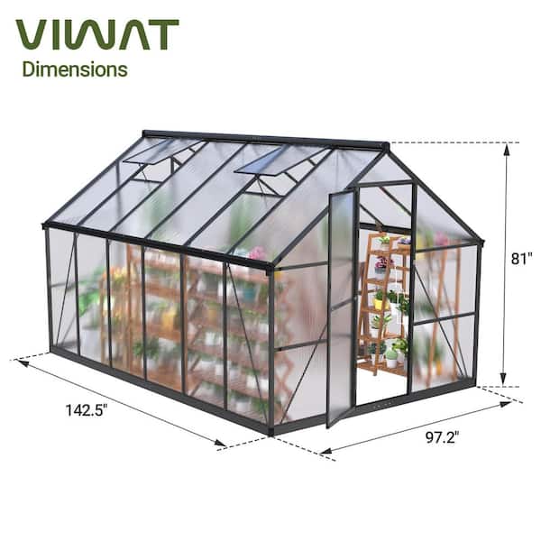 NETAJE 8 ft W x 12 ft D Black Polycarbonate Greenhouse with Quick