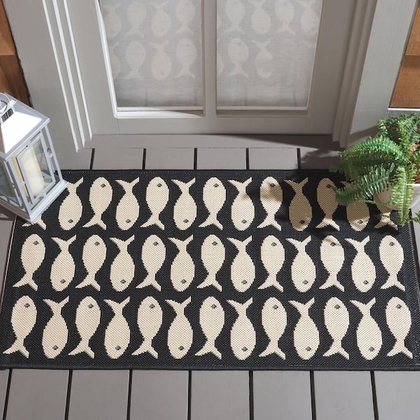 Courtyard Black/Beige 2 ft. x 4 ft. Geometric Fish Indoor/Outdoor Area Rug