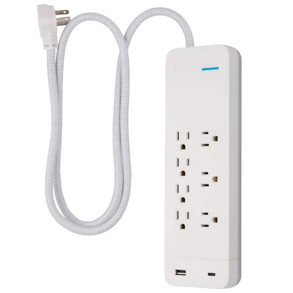 GE 7-Outlet 1 USB-A 1 USB-C Surge Protector with 4 ft. Braided Cord, White