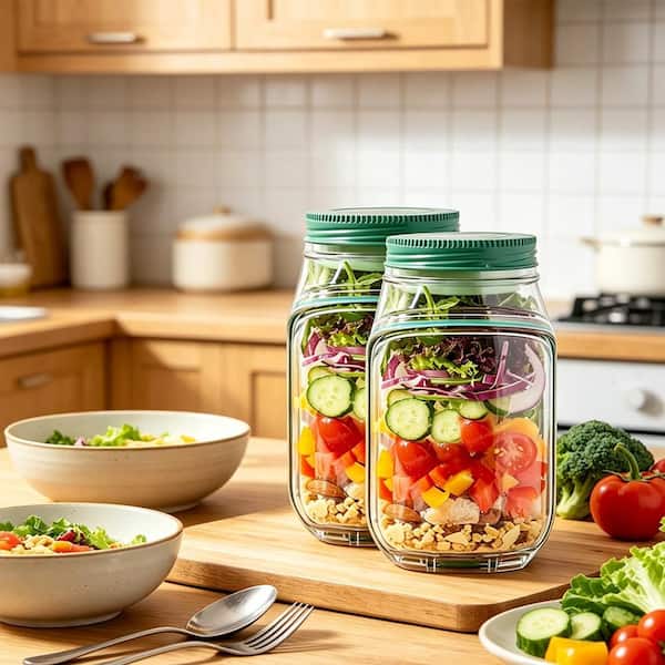 2-Pieces Green Salad Container Food Storage with Dressing Cup, Leak-Proof Side Opening Design