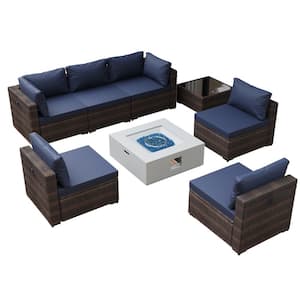 8 Pieces Outdoor Fire Pit Patio Set with 28 in. Off-white Square Propane Fire Pit Table and Navy Blue Cushions