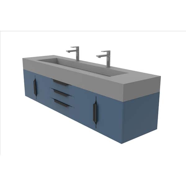 castellousa Nile 72 in. W. x 19 in. D. x 20 in. H Single Bath Vanity in Matte Blue with Black Trim and Gray Solid Surface Top