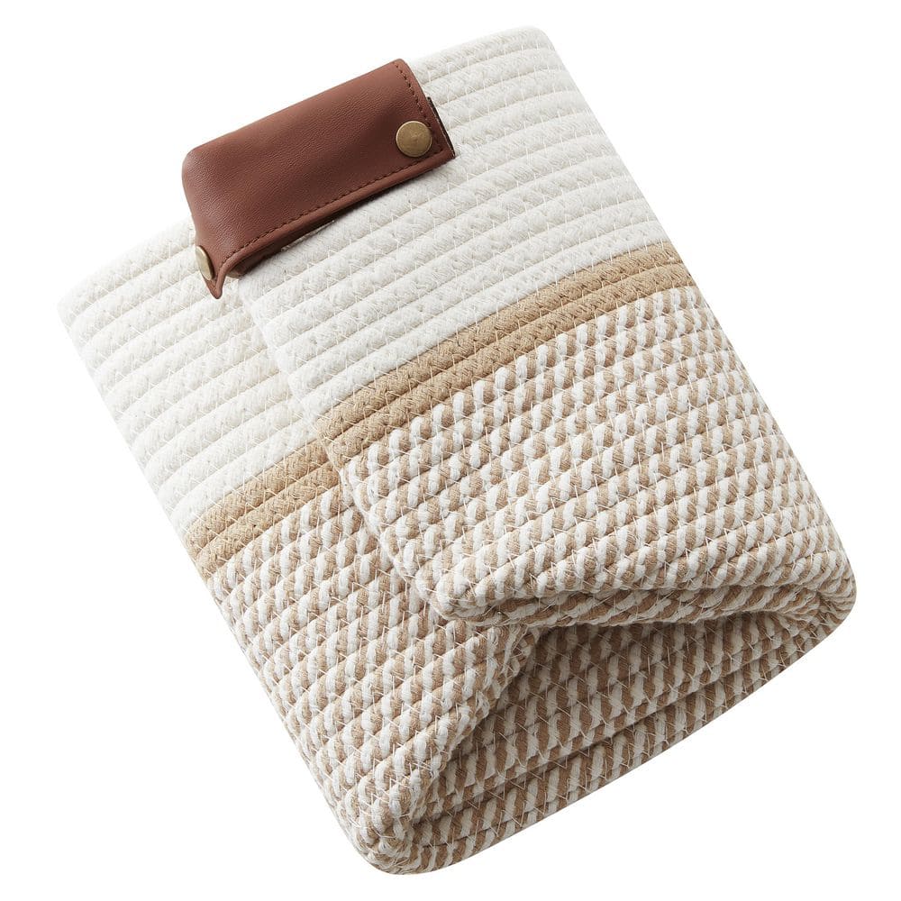 Set of 3 White and Brown Cotton Rope Storage Baskets with Faux Leather Handles