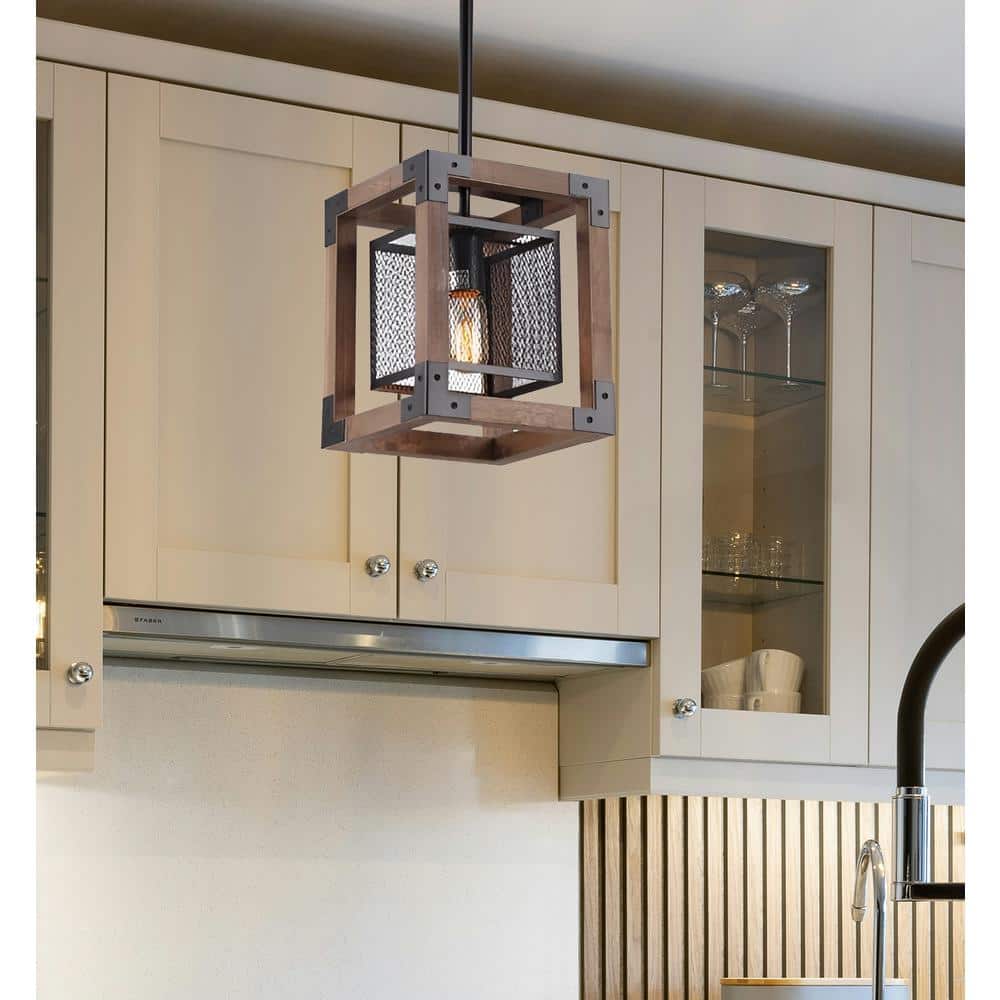 Kingston 60-Watt 1 Light Black Shaded Pendant Light with Wood Shade, No Bul