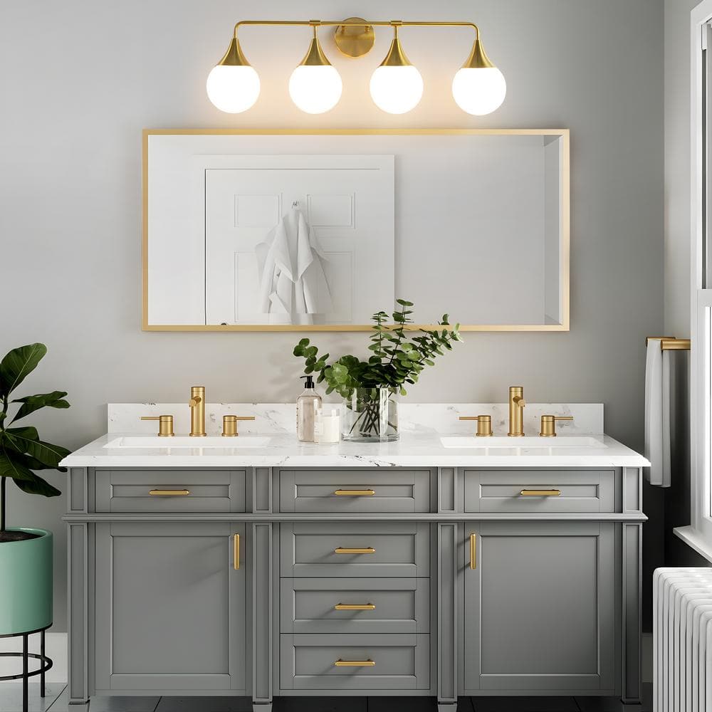 Brushed Gold 4-Light Vanity Fixture with White Glass Shades