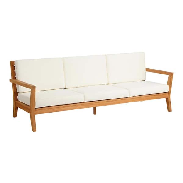 Linon Home Decor Callahan Natural Brown Frame Teak Outdoor 3 Seater Couch with Polyester Beige Cushions