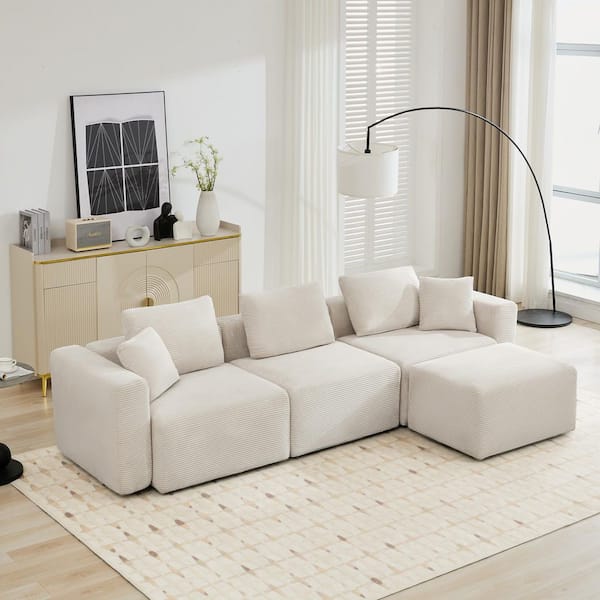 112.2 in. Width Corduroy Fabric Modular Sectional Sofa Couch with Ottoman for Living Room in Beige