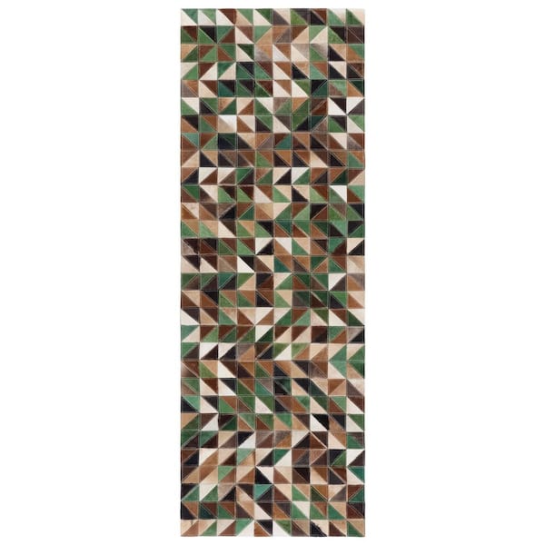 Studio Leather 2 ft. x 7 ft. Green/Light Brown Geometric Triangles Runner Rug
