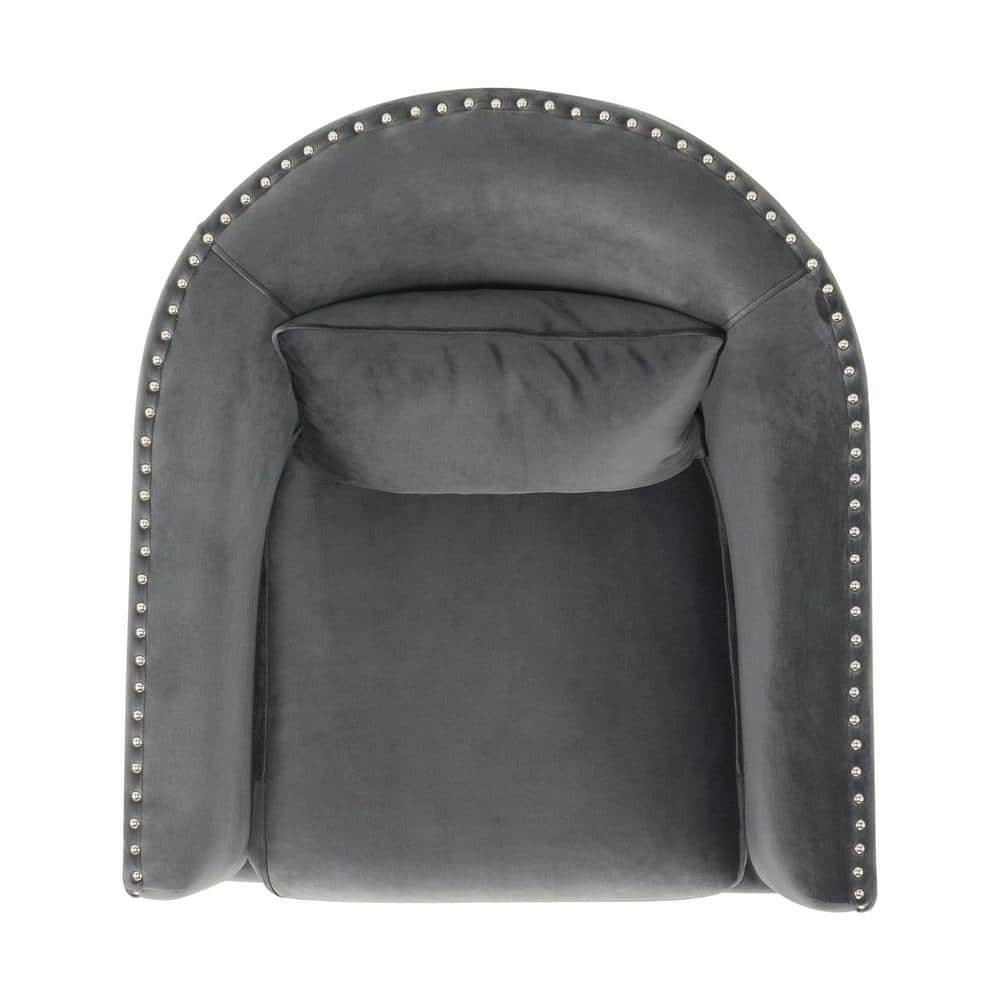 Gray Velvet Barrel Swivel Chair with Chrome Nail Head Trim