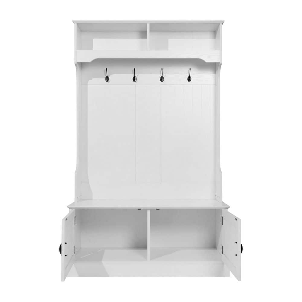 White Wooden Hall Tree with Storage Bench and Coat Rack