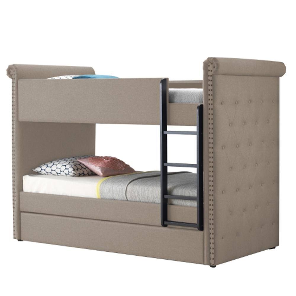 Beige Twin Bunk Bed with Trundle and Tufted Upholstery