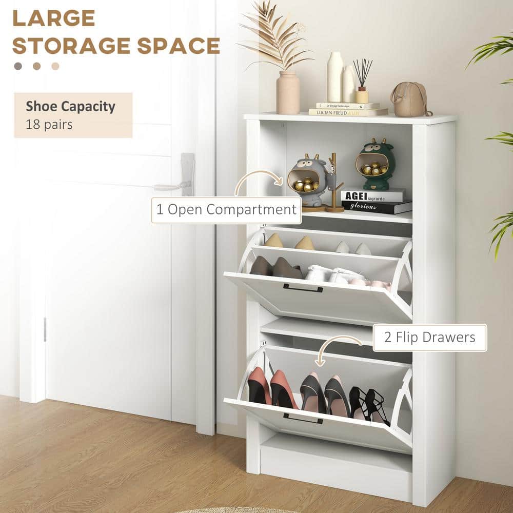 White MDF Shoe Storage Cabinet with Flip Drawers and Open Shelf
