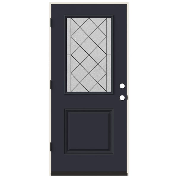 Jeld Wen 36 In X 80 In Right Hand 1 2 Lite Harris Decorative Glass Black Painted Fiberglass Prehung Front Door W Brickmould Sp 684har 1p Blk Rh The Home Depot