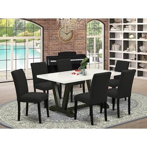 7-Piece Rectangle Natural Oak Finish Solid Wood Top Dining Set with 1-table and 6-Upholstered Chairs with Lattice Back