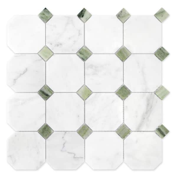 Octagon Carrara White and Green 11.5 in. x 11.5 in. Honed Natural Marble Floor and Wall Mosaic Tile (4.55 sq. ft. /Case)