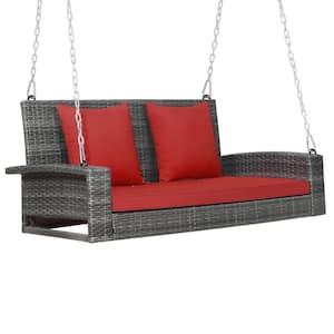 2-Person Patio Hanging Porch Swing Rattan 800LBS Swing Bench with Red Cushions