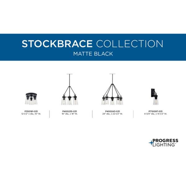 Progress Lighting Stockbrace 3-Light Matte Black Clear Glass Farmhouse Chandelier Light