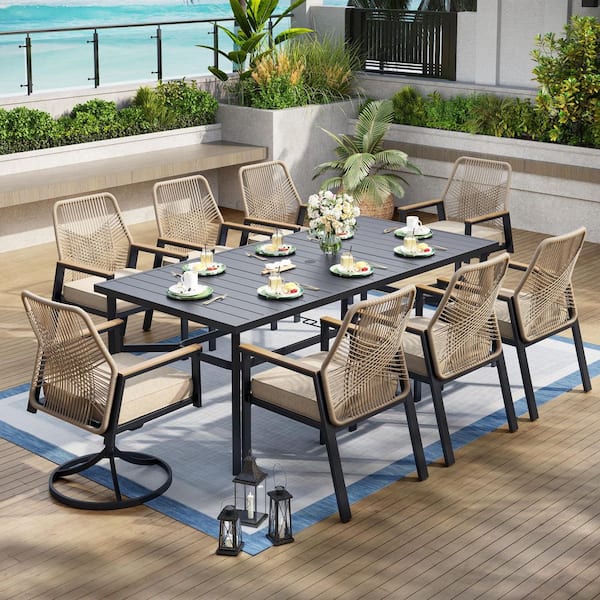 9-Piece Black Metal Patio Outdoor Dining Set with Rectangle Table and Woven Rope Chair with Beige Cushions