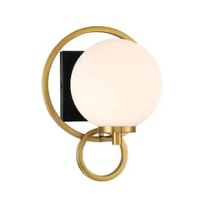 Alhambra 7.75 in. 1-Light Matte Black with Warm Brass Bathroom Vanity Light with Fristed Orb Glass Shade