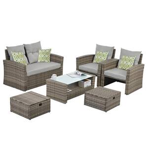 6-Piece Outdoor Patio PE Wicker Conversation Set with Tempered Glass Coffee Table and Gray Cushions and Cushions