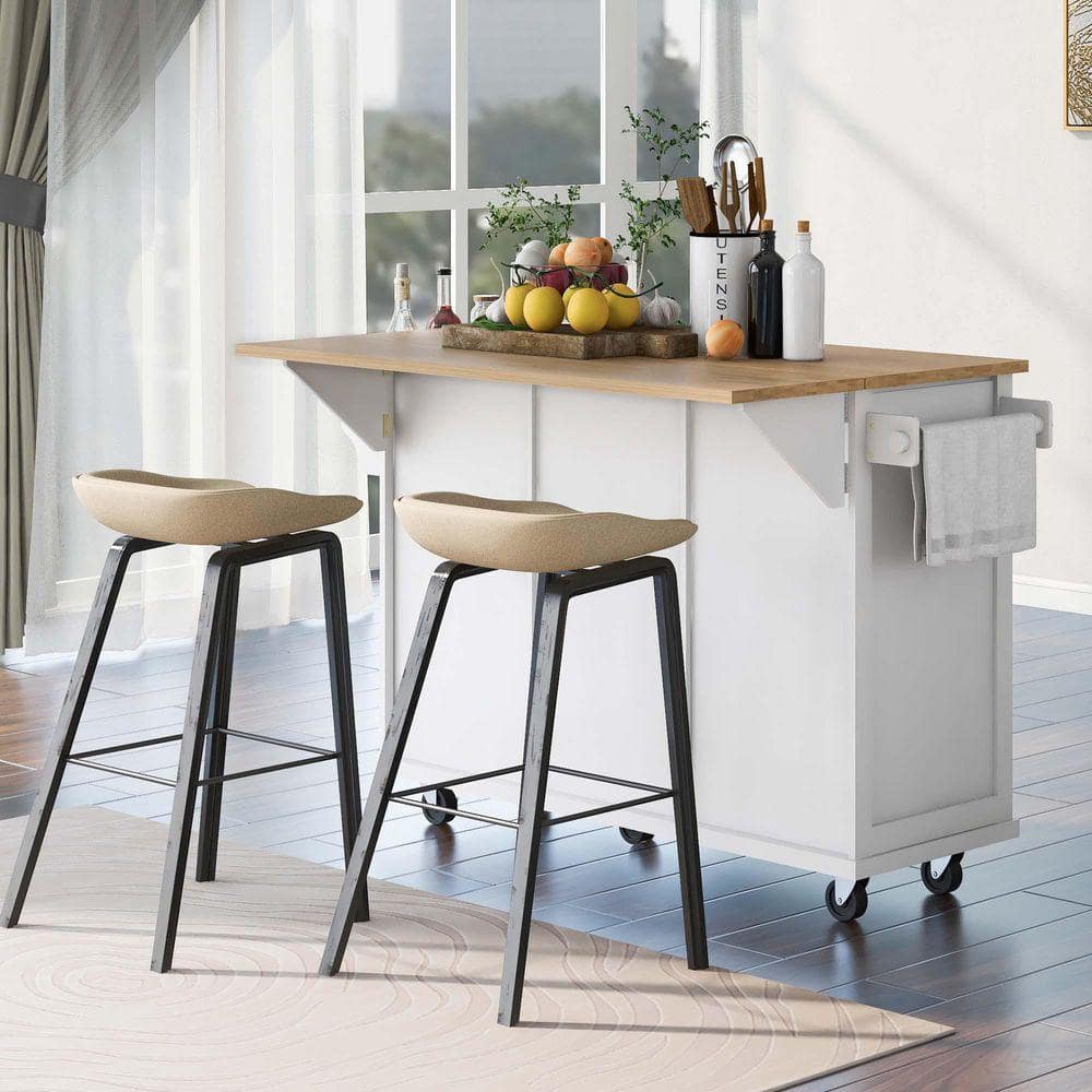 White Rubber Wood Drop-Leaf Countertop 53 in. Kitchen Island Cart with Cabinet Door Internal Storage Racks and 3-Drawer
