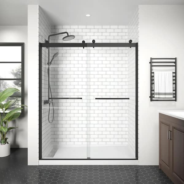 Modern 60 in. W x 74 in. H Double Sliding Frameless Shower Door in Matte Black Finish with 5/16 in. (8mm) Clear Glass