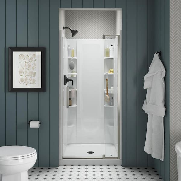STORE+ 36 in. x 34 in. Single Threshold Center Drain Shower Base with Shower Walls and 12-Piece Accessory Kit in White