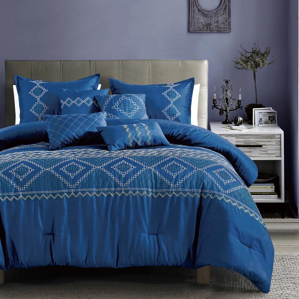 Shatex 7 Piece Blue All Season Bedding Queen Size Comforter Set Ultra Soft Polyester Elegant 6242