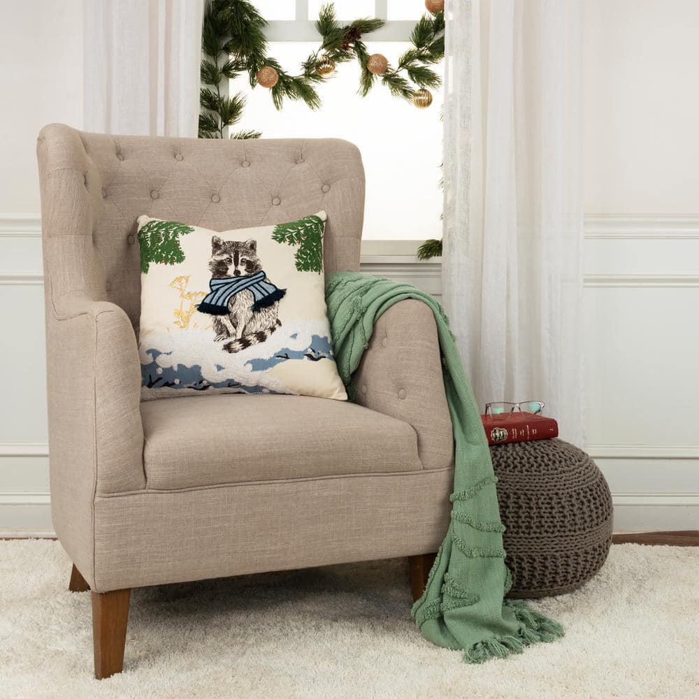 Ivory and Multicolor Embroidered Cotton Holiday Pillow with Raccoon Design