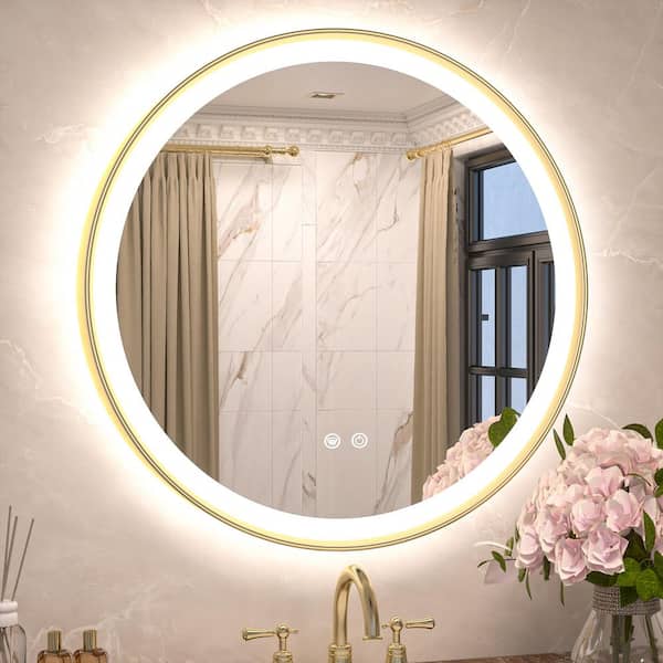 KeonJinn 24 in. W x 24 in. H Round Aluminum Framed LED Light with 3-Color and Anti-Fog Wall Mount Bathroom Vanity Mirror in Gold