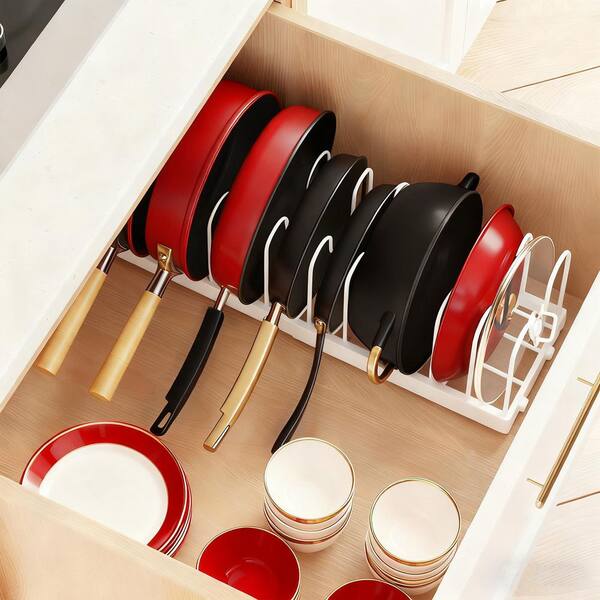 White Adjustable Standing Pot Rack with 13 Dividers, Cutting Board Holder, Expandable Pots and Pans Organizer Rack