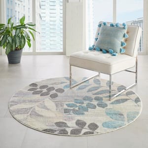 Tranquil Ivory/Light Blue 4 ft. x 4 ft. Botanical Contemporary Round Area Rug