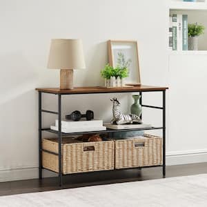 32.4 in. Industrial 3-Tier Console Table with 2 Straw Storage Baskets, Sofa Table with Mesh Shelf For Living Room, Brown