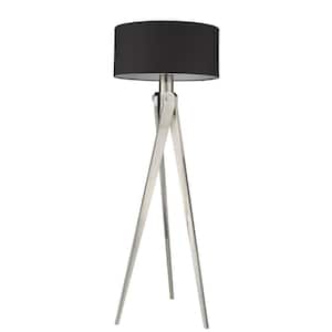 61 in. Black and Silver 1 Light 1-Way (On/Off) Tripod Floor Lamp for Liviing Room with Cotton Round Shade